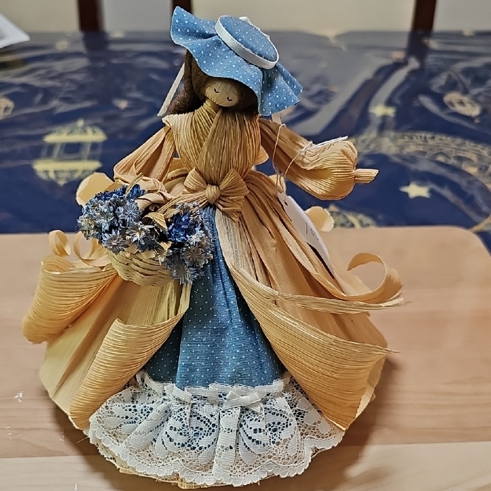 Handcrafted Corn Husk Doll with Blue Dress